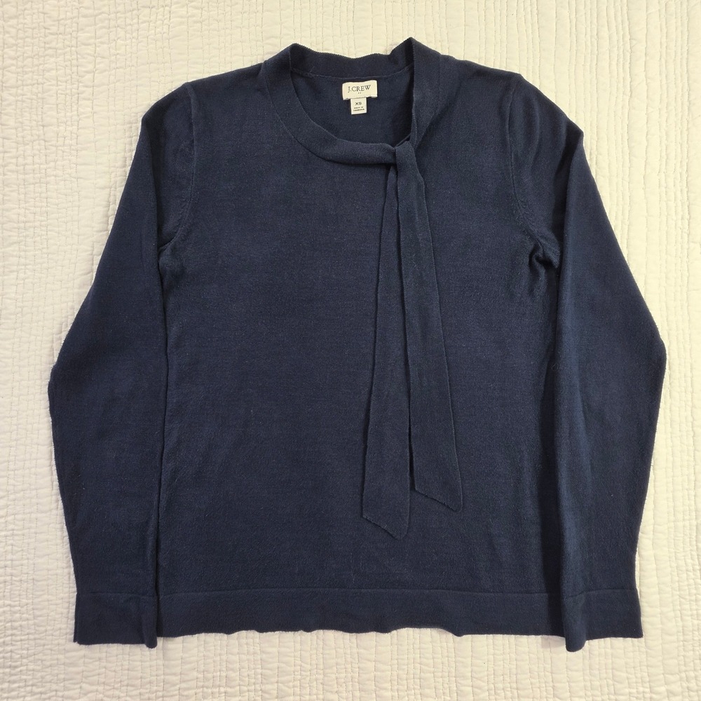 J.Crew Navy Blue Tie Neck Scarf Sweater Long Sleeve Knit Top EUC Women Size XS